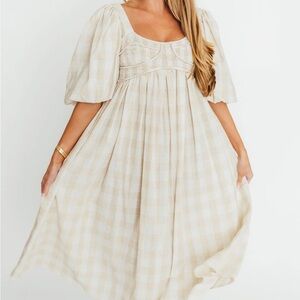Women's Cream Plaid Midi Dress with Lace Bodice